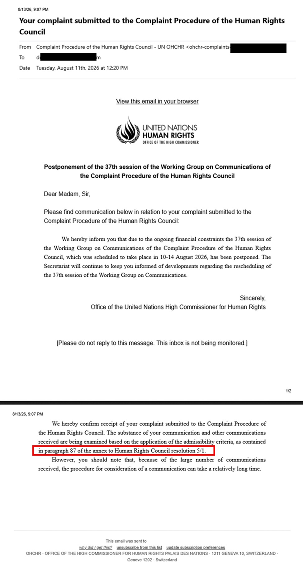 081126 Email From Complaint Procedure Of The Human Rights Council