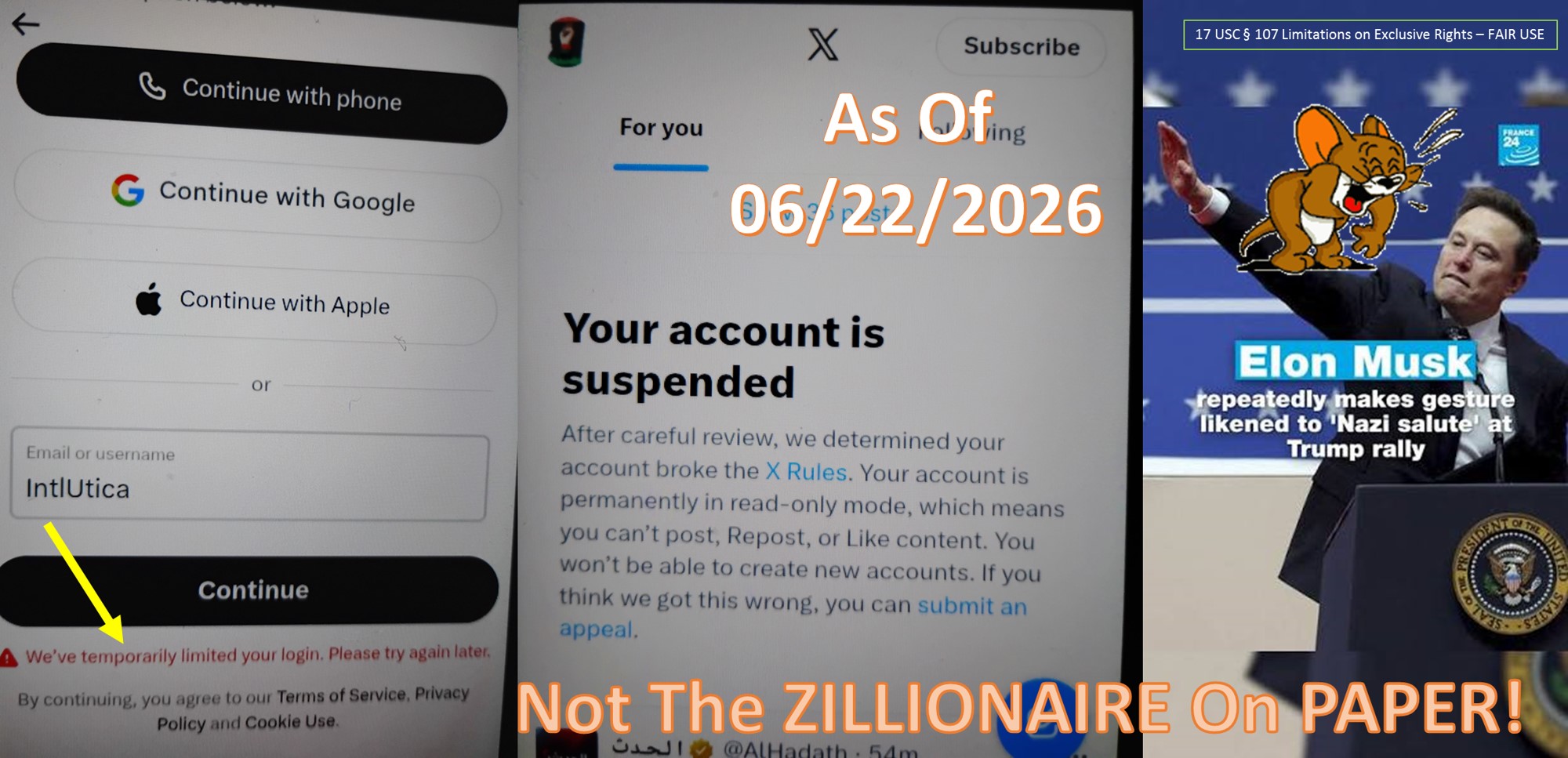 ZILLIONAIRE Elon Musk SUSPENDS Utica International Embassy TwitterX Account062225